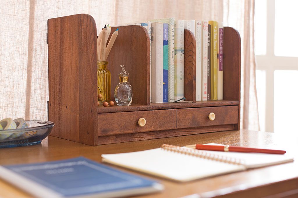 アンティーク雑貨　古い木味のレトロなアンティーク引き出し付き本立て(3)