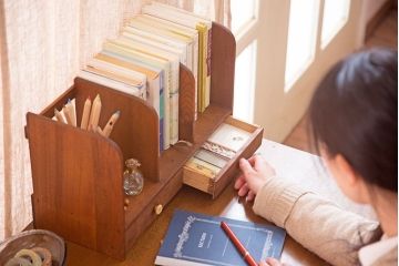 アンティーク雑貨　古い木味のレトロなアンティーク引き出し付き本立て(3)