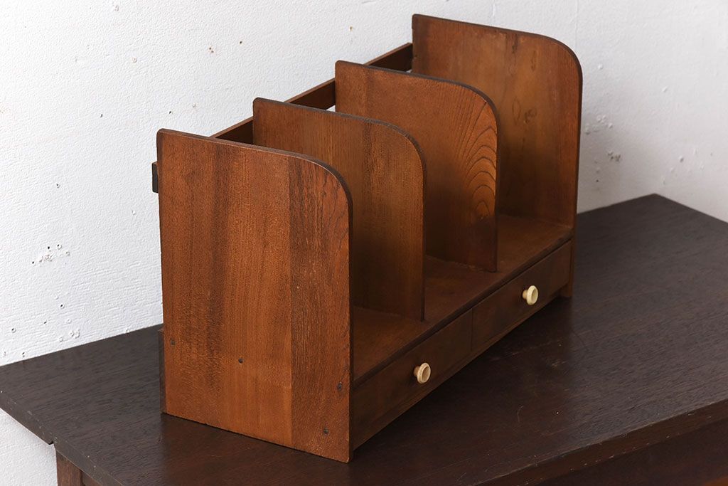 アンティーク雑貨　古い木味のレトロなアンティーク引き出し付き本立て(3)