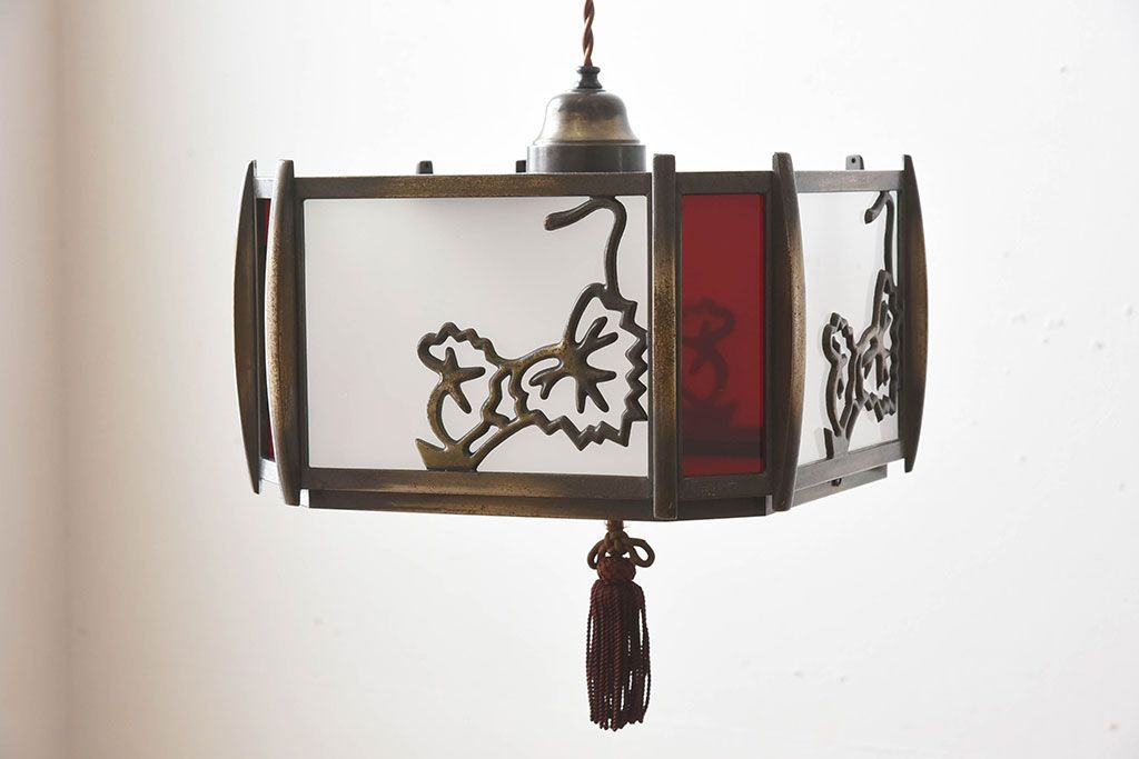 当時物色ガラス　飾り房付き　アンティーク天井照明