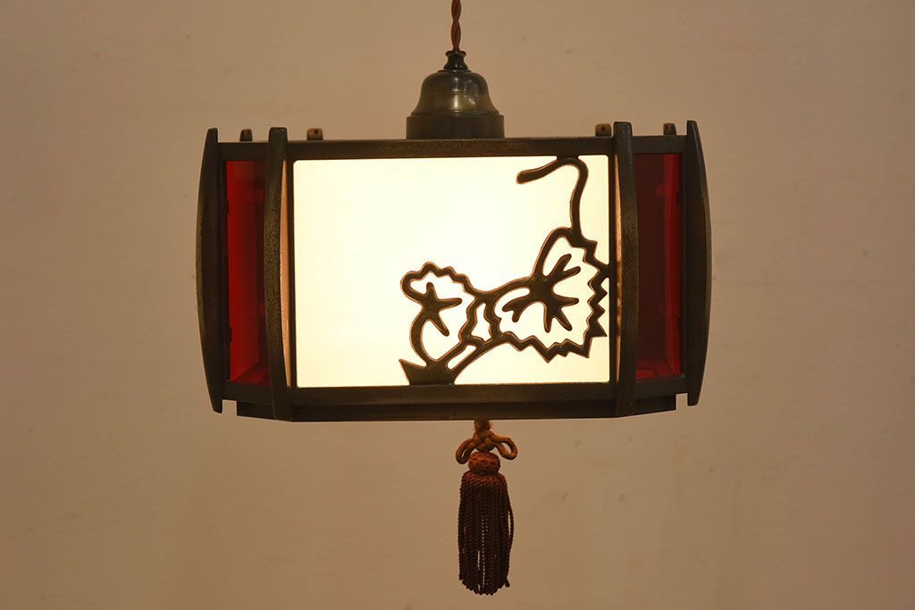 当時物色ガラス　飾り房付き　アンティーク天井照明
