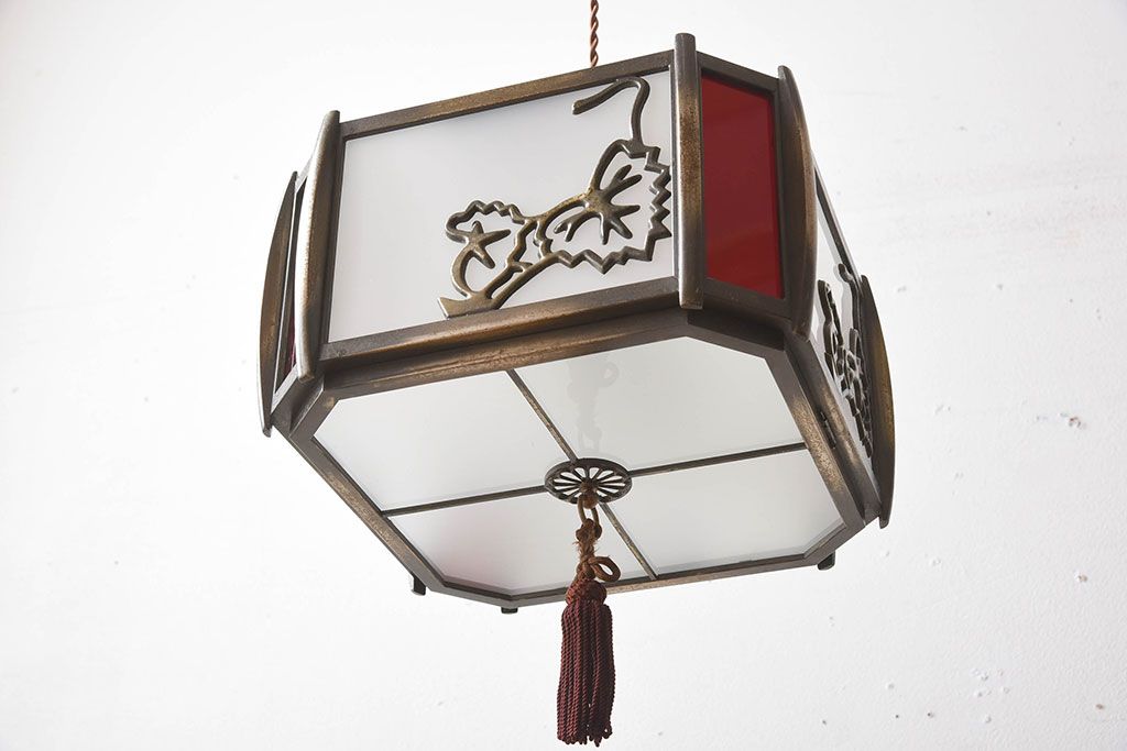当時物色ガラス　飾り房付き　アンティーク天井照明