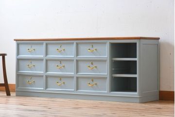 アンティーク家具　水色グレーペイント!おしゃれなローチェスト(ローボード)(2)