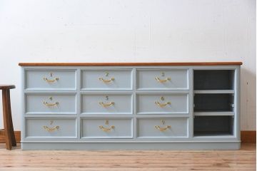 アンティーク家具　水色グレーペイント!おしゃれなローチェスト(ローボード)(2)