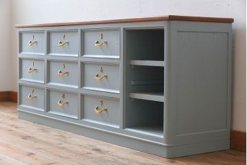アンティーク家具　水色グレーペイント!おしゃれなローチェスト(ローボード)(2)