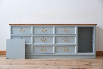 アンティーク家具　水色グレーペイント!おしゃれなローチェスト(ローボード)(2)