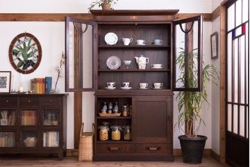 アンティーク家具　大正ロマン　象嵌入り　栓材製　古い木のアンティーク重ね食器棚