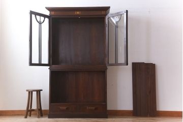 アンティーク家具　大正ロマン　象嵌入り　栓材製　古い木のアンティーク重ね食器棚