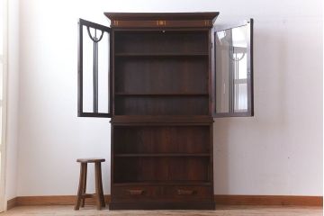 アンティーク家具　大正ロマン　象嵌入り　栓材製　古い木のアンティーク重ね食器棚