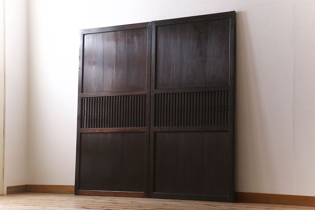 明治期　古民具・骨董　古い木味の格子帯戸2枚セット