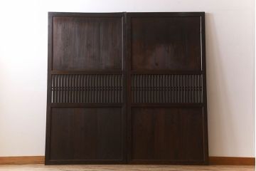 明治大正期　古民具・骨董　古い木味の格子帯戸2枚セット