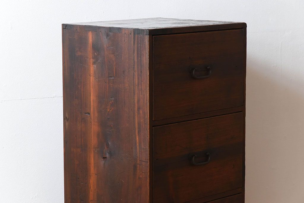 アンティーク家具　古民具・骨董　古い檜材の縦型4杯引き出し