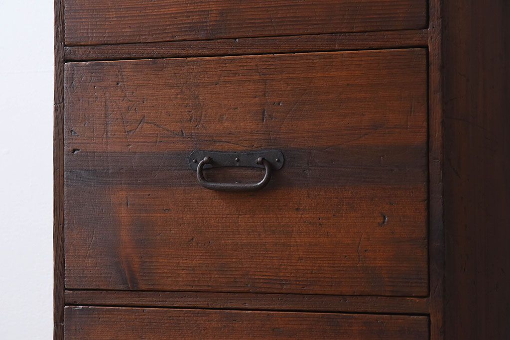 アンティーク家具　古民具・骨董　古い檜材の縦型4杯引き出し