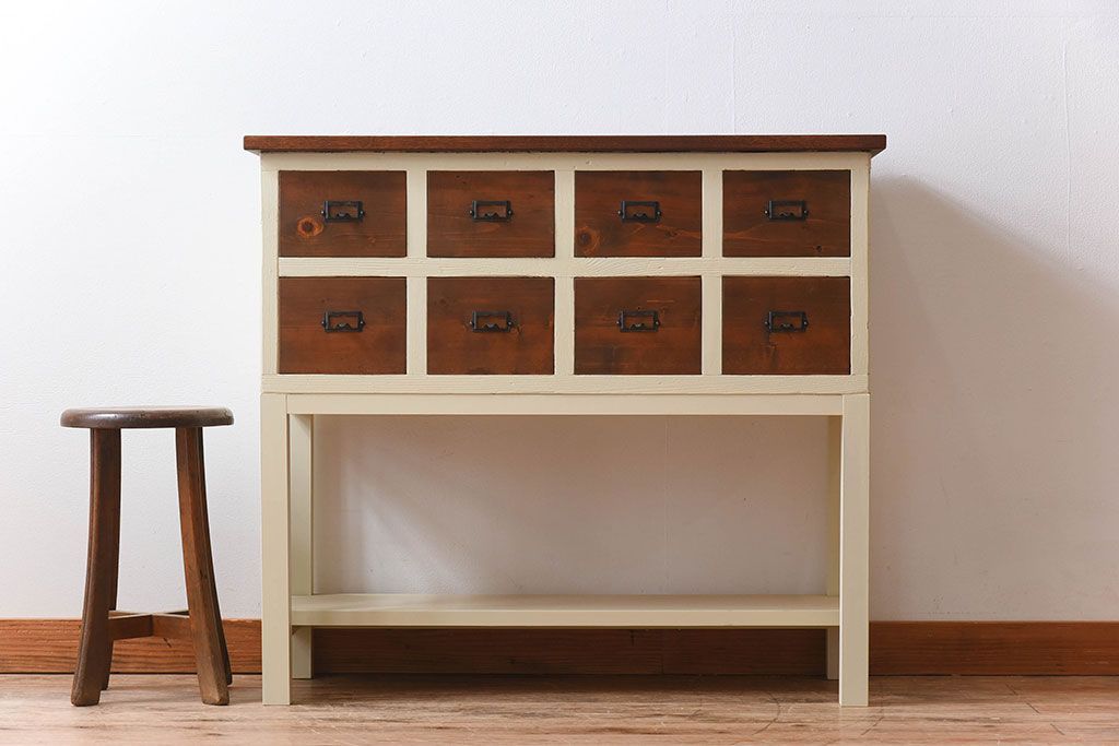 アンティーク家具　ネームプレート取っ手　引き出し8杯付き!サイドテーブル(平机・コンソールテーブル)