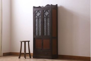 アンティーク家具　大正ロマン　プレスガラス入り!幅狭の和製アンティーク本箱(ブックケース)