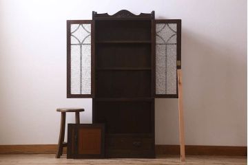 アンティーク家具　大正ロマン　プレスガラス入り!幅狭の和製アンティーク本箱(ブックケース)