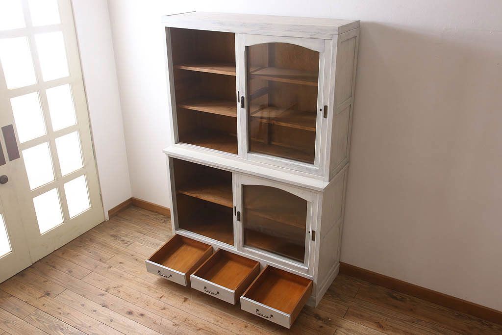 アンティーク家具　キャビネット　アンティーク　大きなペイント重ね収納棚(食器棚)