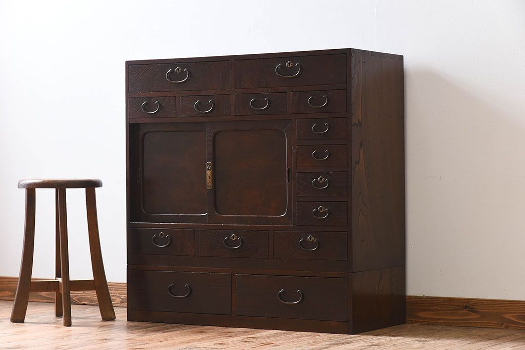 アンティーク家具　高級品　玉杢　三方欅材　かくし付き!重ね帳場箪笥