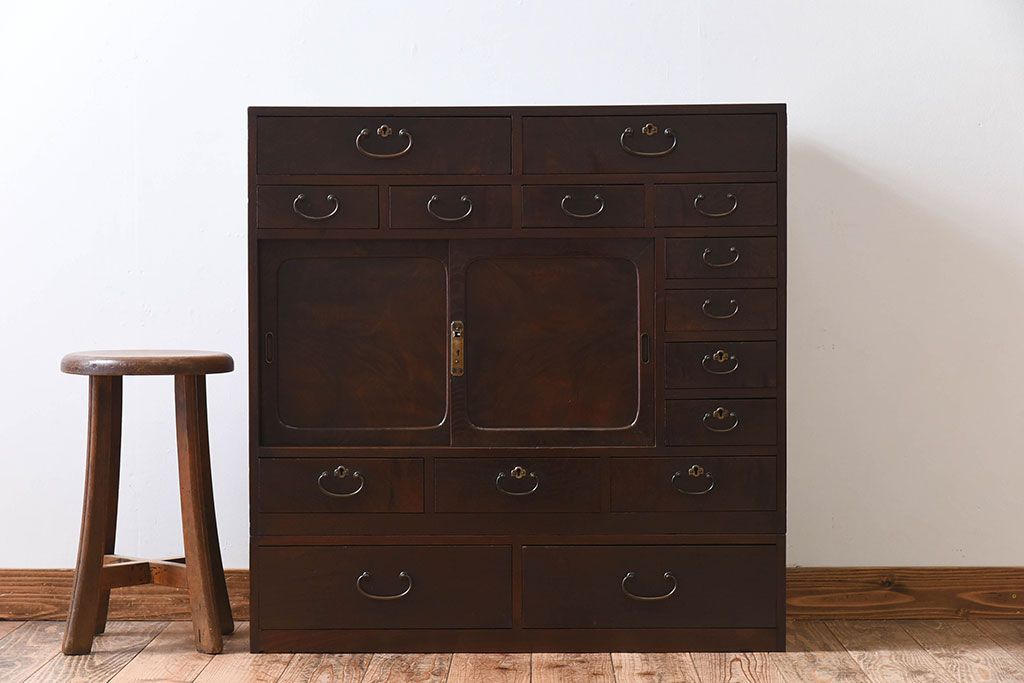 アンティーク家具　高級品　玉杢　三方欅材　かくし付き!重ね帳場箪笥