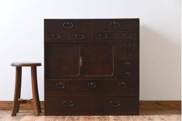 アンティーク家具　高級品　玉杢　三方欅材　かくし付き!重ね帳場箪笥