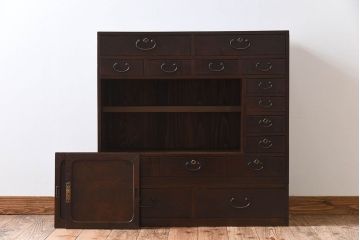 アンティーク家具　高級品　玉杢　三方欅材　かくし付き!重ね帳場箪笥