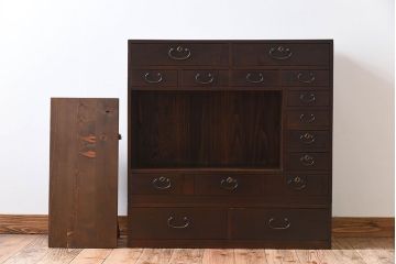 アンティーク家具　高級品　玉杢　三方欅材　かくし付き!重ね帳場箪笥