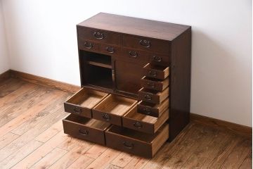 アンティーク家具　高級品　玉杢　三方欅材　かくし付き!重ね帳場箪笥