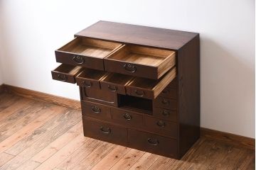 アンティーク家具　高級品　玉杢　三方欅材　かくし付き!重ね帳場箪笥