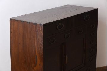 アンティーク家具　高級品　玉杢　三方欅材　かくし付き!重ね帳場箪笥