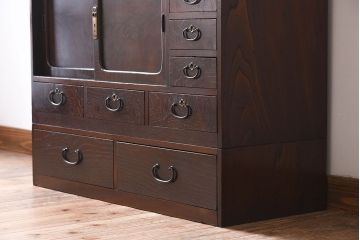 アンティーク家具　高級品　玉杢　三方欅材　かくし付き!重ね帳場箪笥