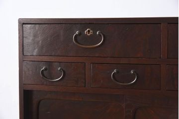 アンティーク家具　高級品　玉杢　三方欅材　かくし付き!重ね帳場箪笥