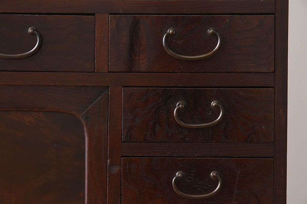 アンティーク家具　高級品　玉杢　三方欅材　かくし付き!重ね帳場箪笥