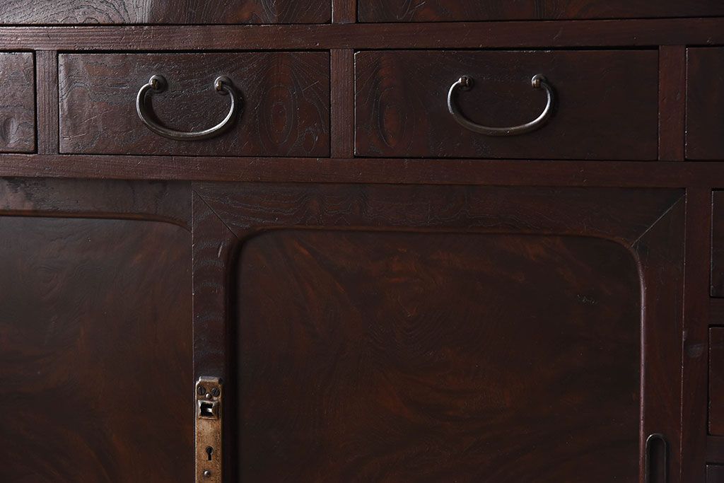 アンティーク家具　高級品　玉杢　三方欅材　かくし付き!重ね帳場箪笥