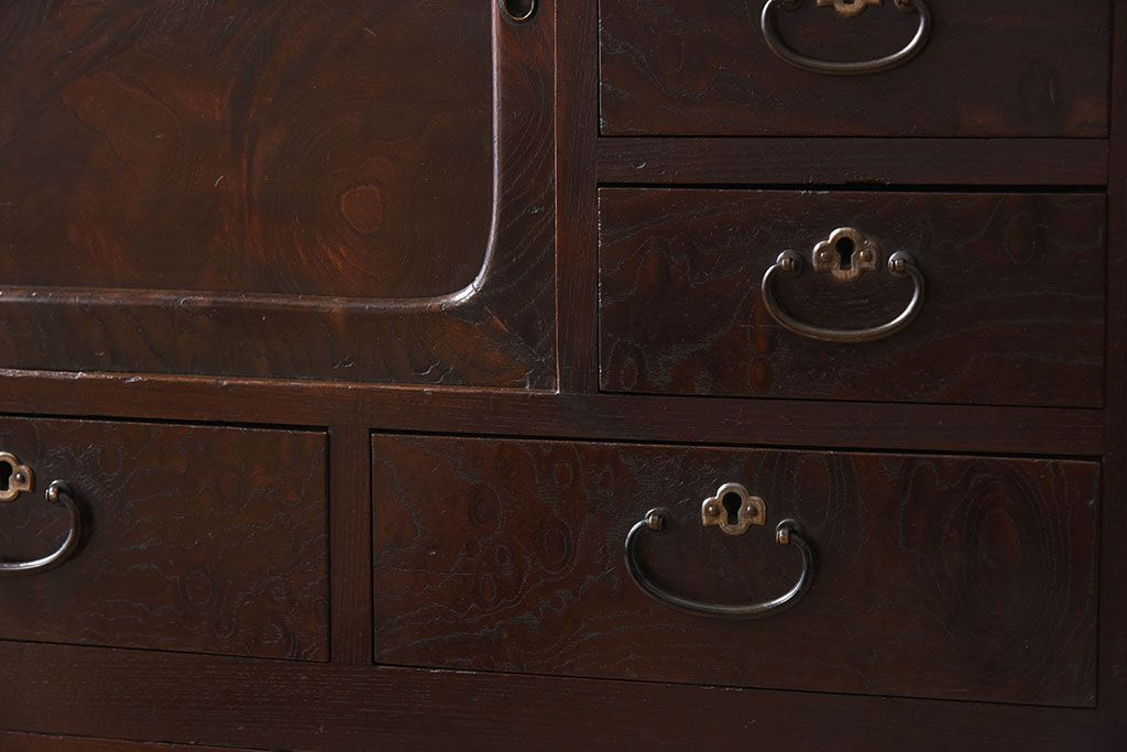 アンティーク家具　高級品　玉杢　三方欅材　かくし付き!重ね帳場箪笥