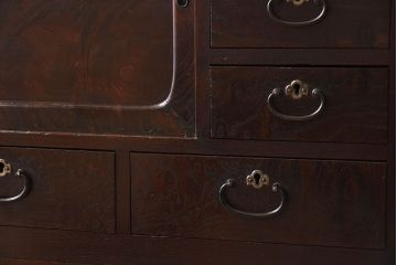 アンティーク家具　高級品　玉杢　三方欅材　かくし付き!重ね帳場箪笥