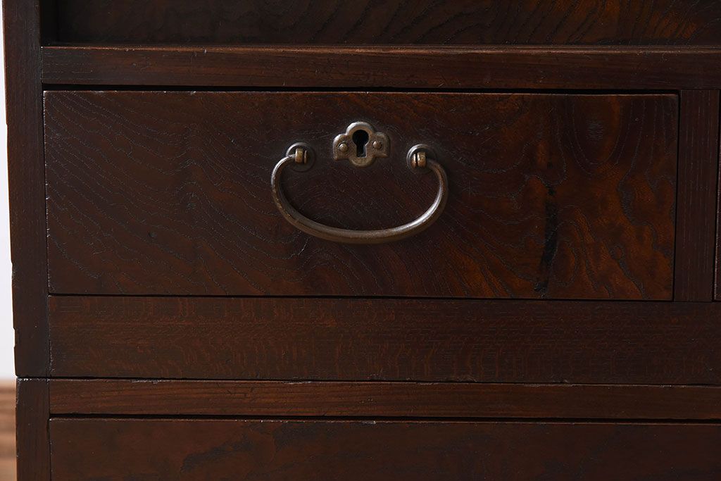 アンティーク家具　高級品　玉杢　三方欅材　かくし付き!重ね帳場箪笥