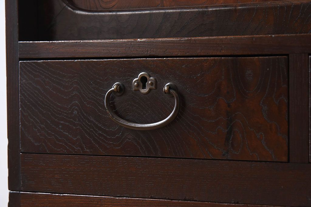 アンティーク家具　高級品　玉杢　三方欅材　かくし付き!重ね帳場箪笥