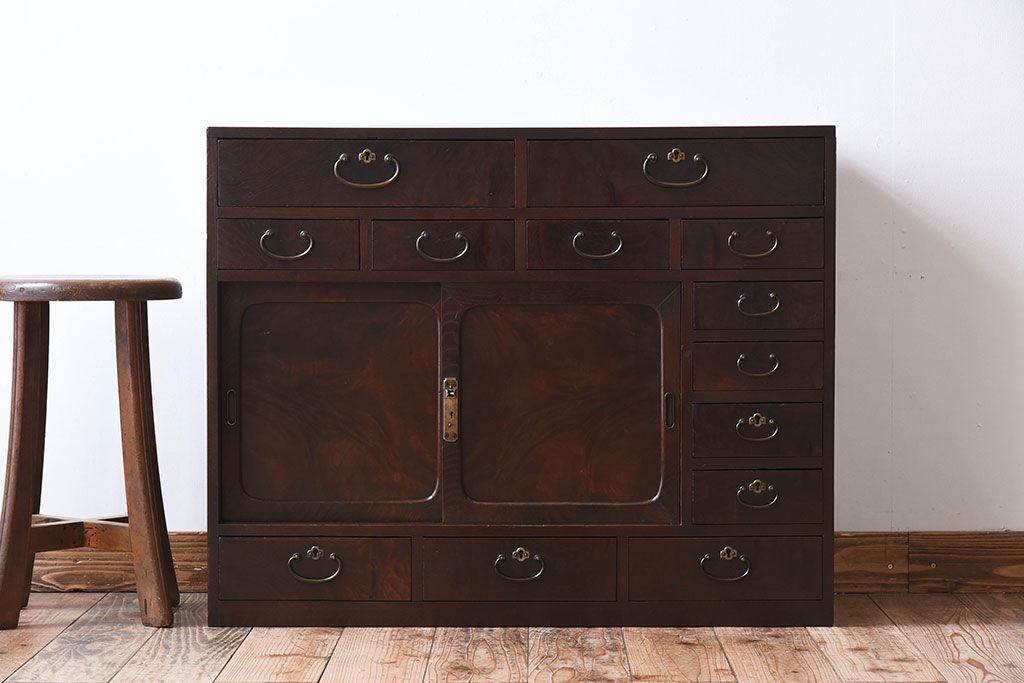 アンティーク家具　高級品　玉杢　三方欅材　かくし付き!重ね帳場箪笥