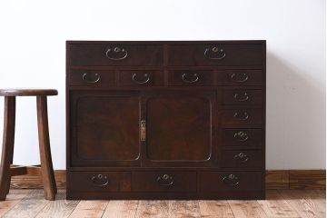 アンティーク家具　高級品　玉杢　三方欅材　かくし付き!重ね帳場箪笥