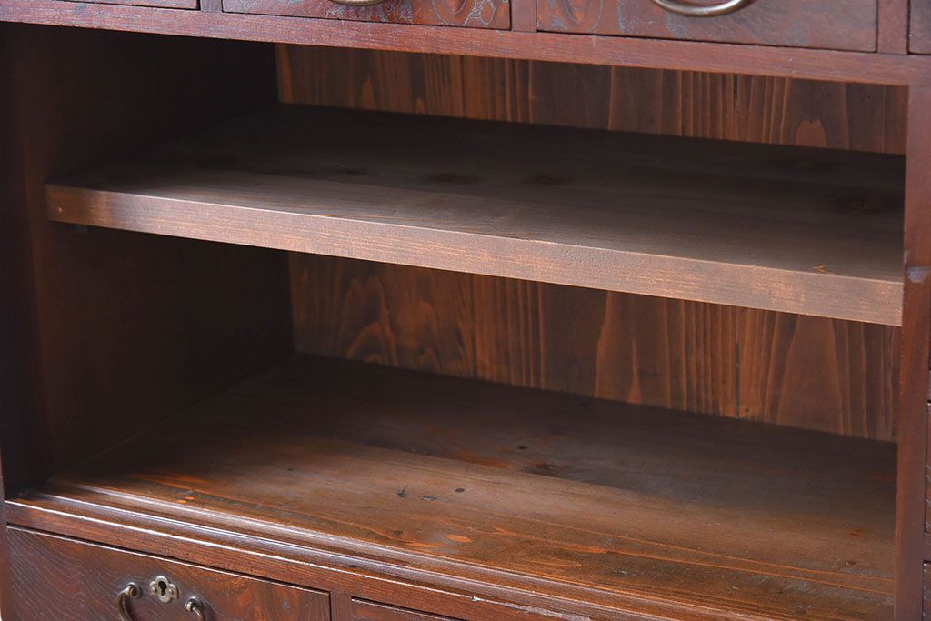 アンティーク家具　高級品　玉杢　三方欅材　かくし付き!重ね帳場箪笥