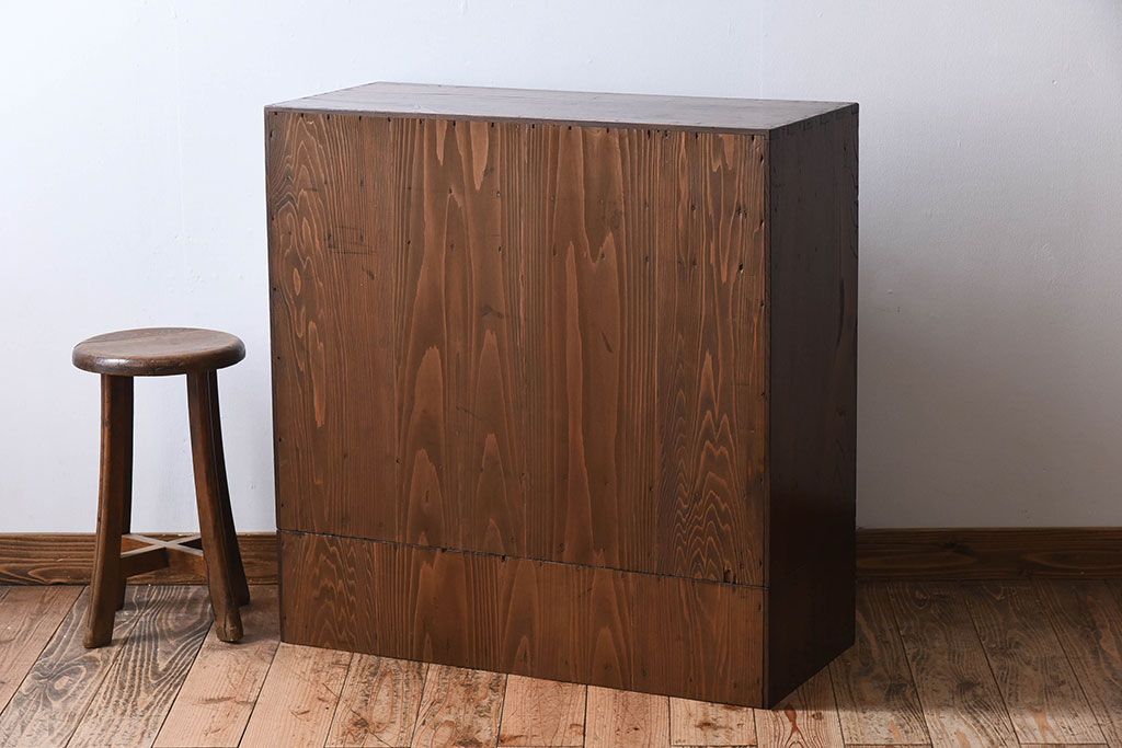 アンティーク家具　高級品　玉杢　三方欅材　かくし付き!重ね帳場箪笥