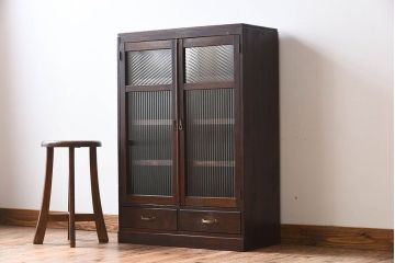 アンティーク家具　古い檜材　モールガラス扉　アンティーク本箱(ブックケース)