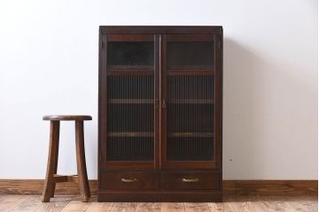 アンティーク家具　古い檜材　モールガラス扉　アンティーク本箱(ブックケース)