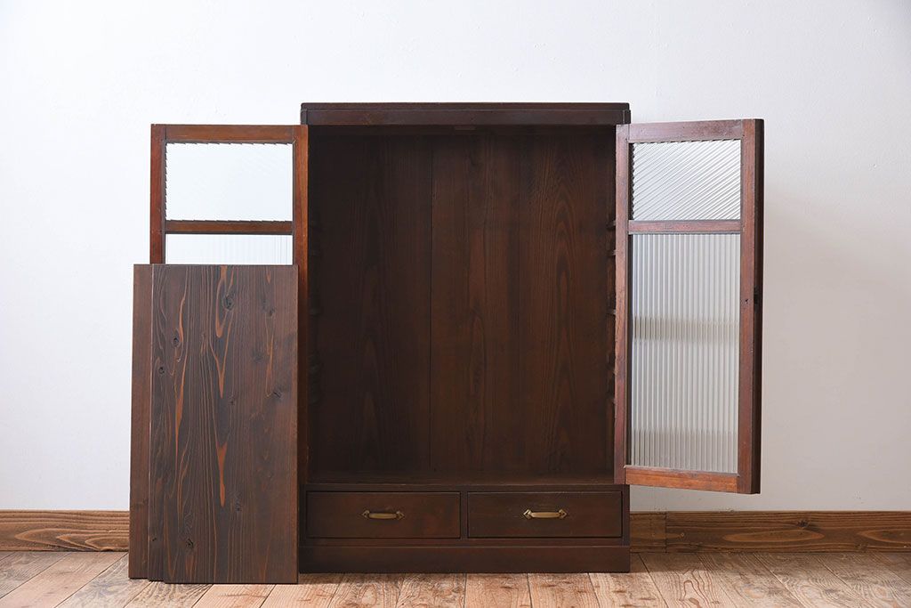 アンティーク家具　古い檜材　モールガラス扉　アンティーク本箱(ブックケース)