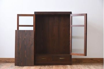 アンティーク家具　古い檜材　モールガラス扉　アンティーク本箱(ブックケース)