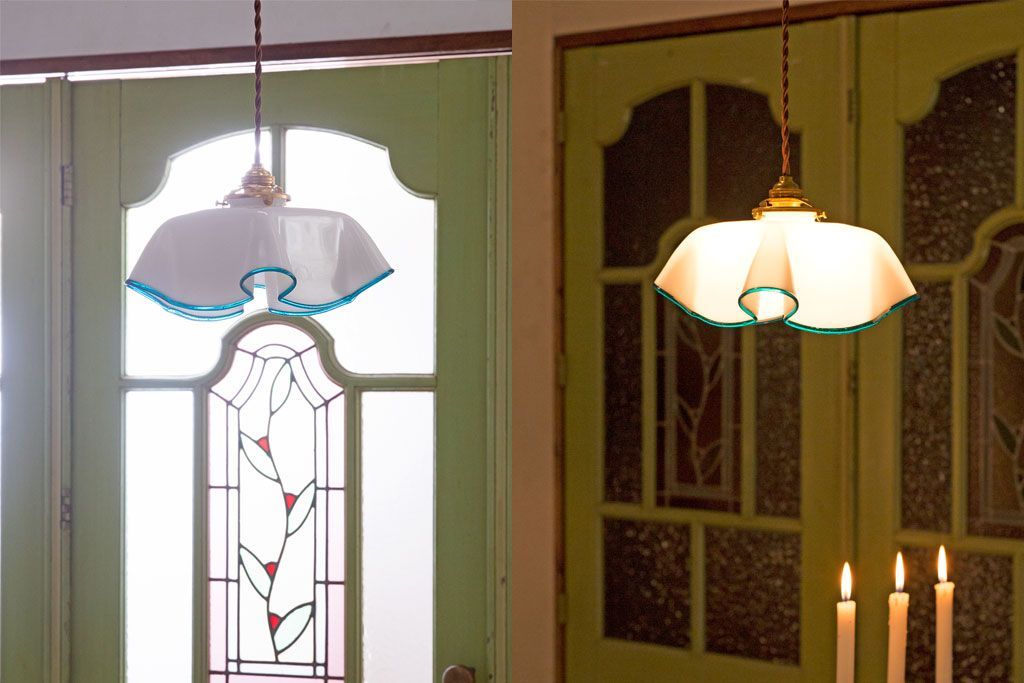 イギリスアンティーク 上品なフリルシェードのペンダントライト(天井照明)(2)