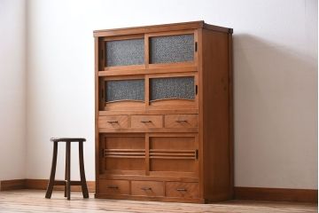 アンティーク家具　三尺　ダイヤガラス引き戸!前檜材製　古い木のアンティーク収納棚(水屋箪笥)