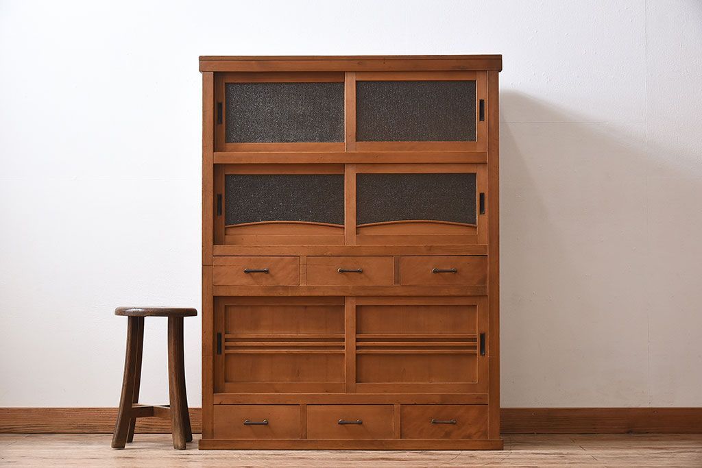 アンティーク家具　三尺　ダイヤガラス引き戸!前檜材製　古い木のアンティーク収納棚(水屋箪笥)