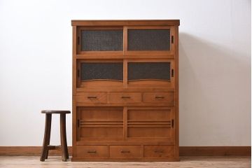 アンティーク家具　三尺　ダイヤガラス引き戸!前檜材製　古い木のアンティーク収納棚(水屋箪笥)