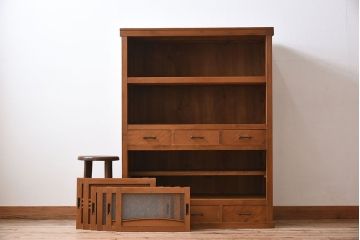 アンティーク家具　三尺　ダイヤガラス引き戸!前檜材製　古い木のアンティーク収納棚(水屋箪笥)